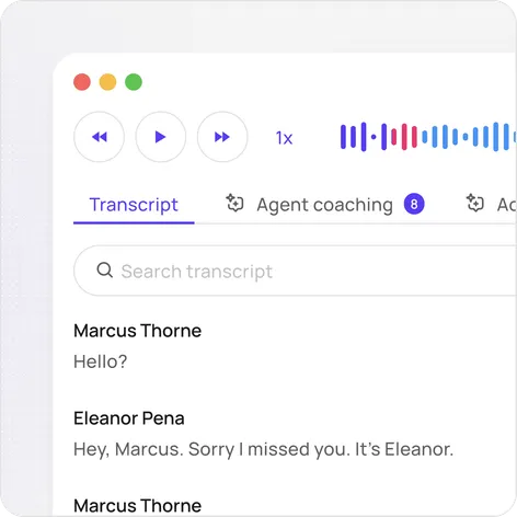 Shilo call review with audio player, searchable transcript, and agent coaching tabs