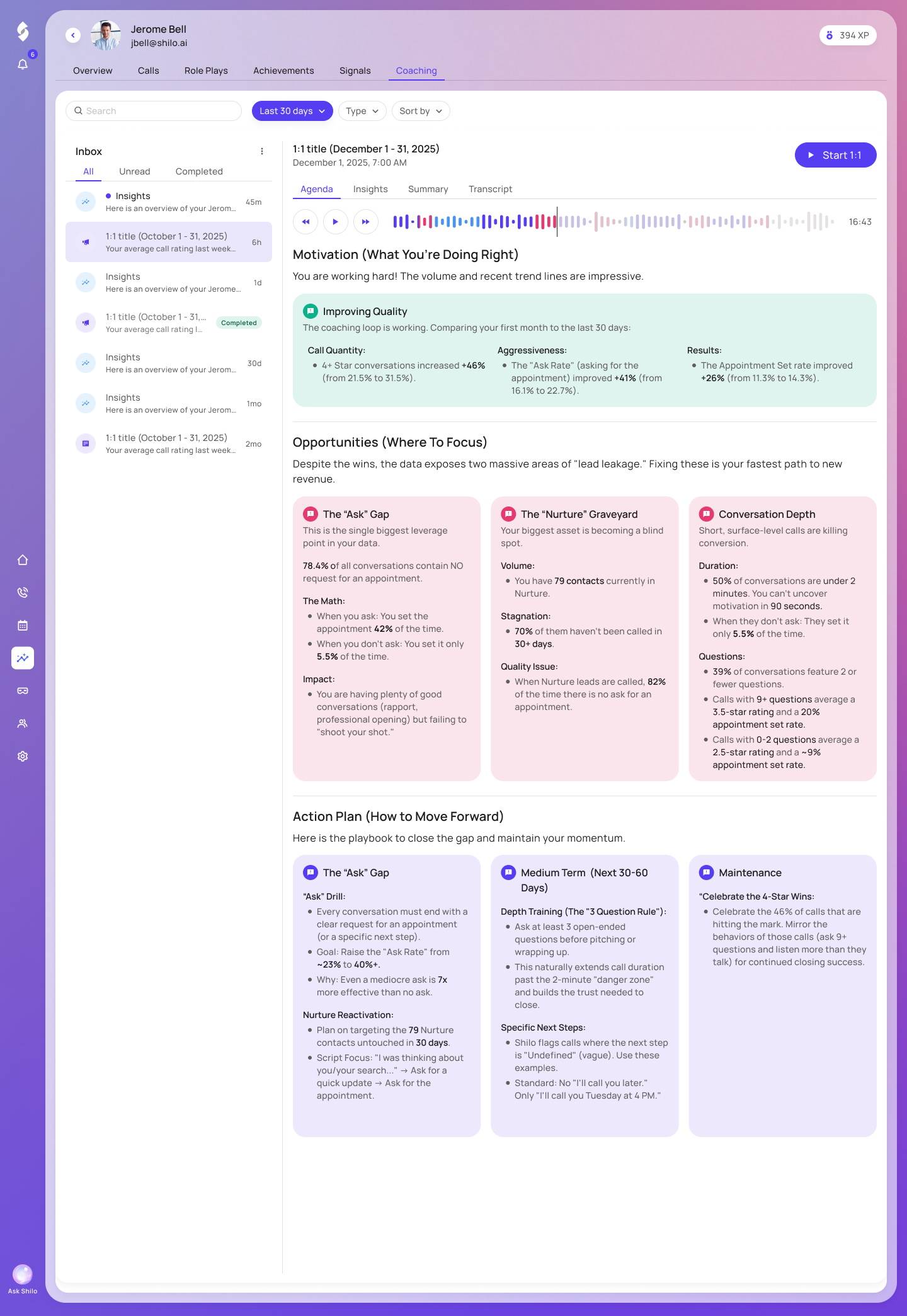 Shilo 1:1 Coaching self-building agenda drawn from the agent's real call data
