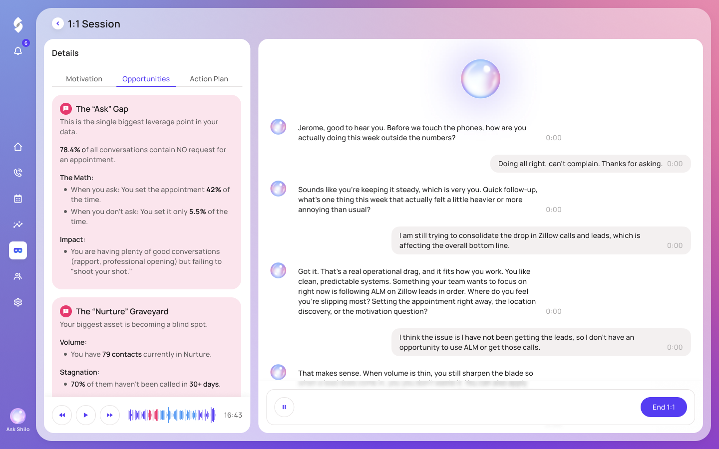 Shilo running a live voice-to-voice 1:1 coaching session with an agent